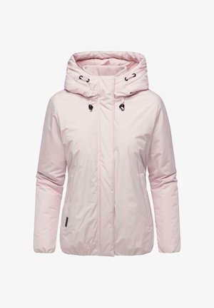 Light pink, water-resistant jacket with a hood, zippered front, adjustable drawstrings, and side pockets, featuring a smooth texture.