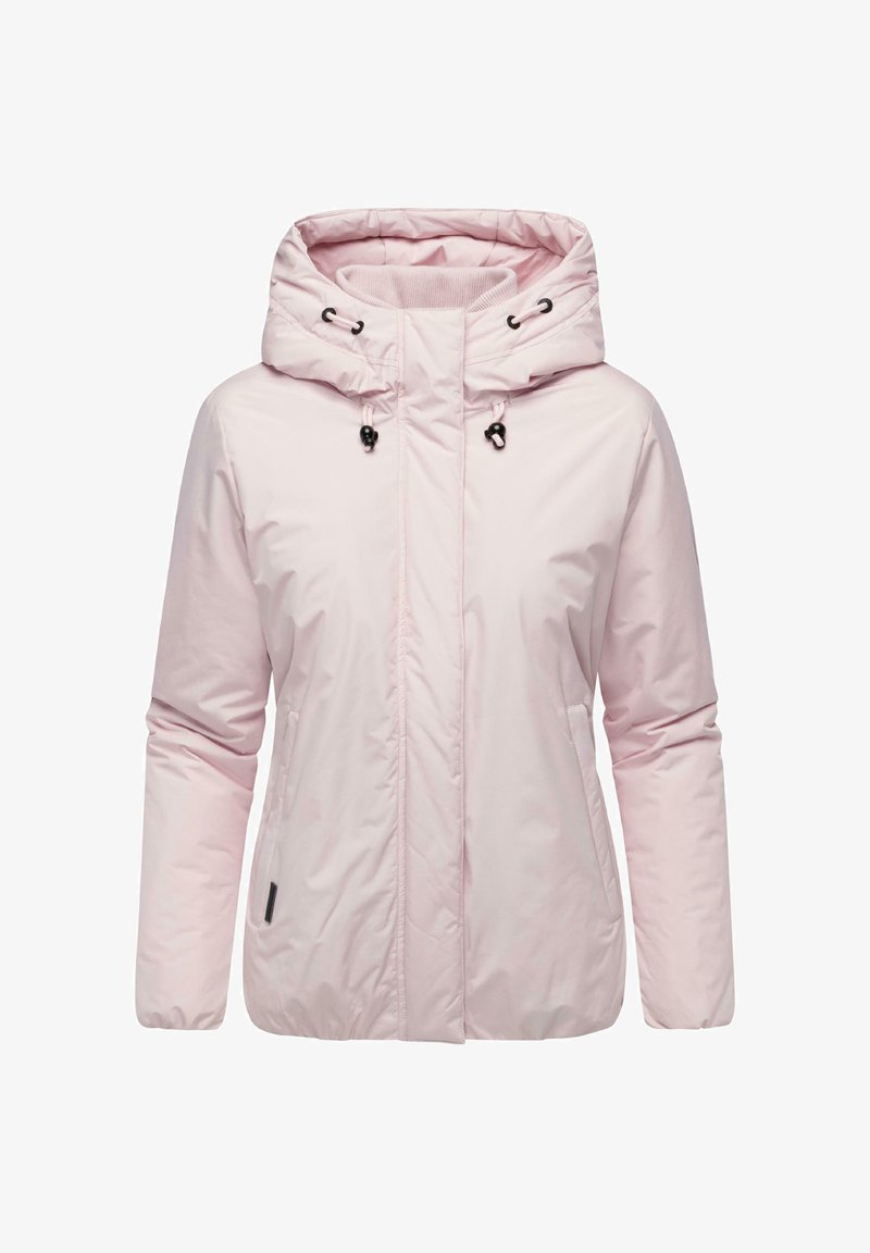 Lys rosa, vannavstøtende jakke med hette, glidelås foran, justerbare snorer og sidelommer, med en glatt tekstur.