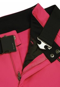 Pink fabric waistband with black accents, featuring a silver clasp, zipper, and black lining. Stitched details visible on the edges.
