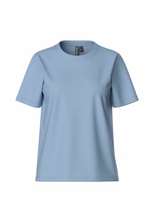 Lichtblauw T-shirt met korte mouwen, gemaakt van een gladde stof, met een ronde halslijn en een comfortabele pasvorm. Geen zichtbare patronen of accenten.