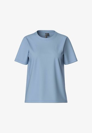 Lichtblauw T-shirt met korte mouwen, gemaakt van een gladde stof, met een ronde halslijn en een comfortabele pasvorm. Geen zichtbare patronen of accenten.