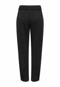 Pantalon noir fuselé avec taille élastique et détails de boutons aux ourlets des chevilles, vu de dos.