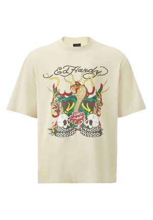 Beige bomulds t-shirt med et dristigt, farverigt grafisk design med slanger og kranier. Løs pasform, rund hals og korte ærmer. Ed Hardy-logoet vises.