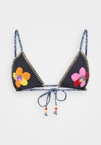 Schwarzer, dreieckiger Bikini-Oberteil mit buntem Blumenstickerei, goldenen Akzenten und gemusterten Trägern. Mit Beadelungen wird es am Rücken gebunden.