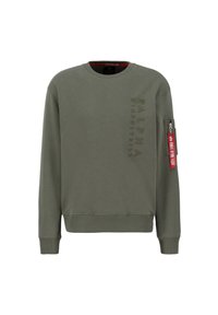 Felpa verde oliva con scollatura a girocollo, polsini e orlo a costine. Presenta un logo lungo il lato e un'etichetta di tessuto rossa sulla manica.