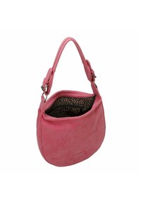 Borsa a mano in tessuto rosa con silhouette curva, una sola tracolla e un interno a fantasia. Presenta una tasca con zip all'interno.