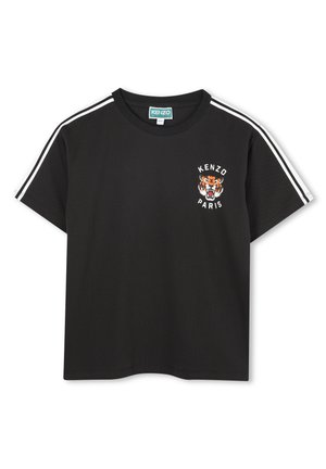 T-shirt en coton noir à manches courtes, avec des bandes blanches en accent, un col rond, et un graphique de tigre avec le texte "KENZO PARIS".