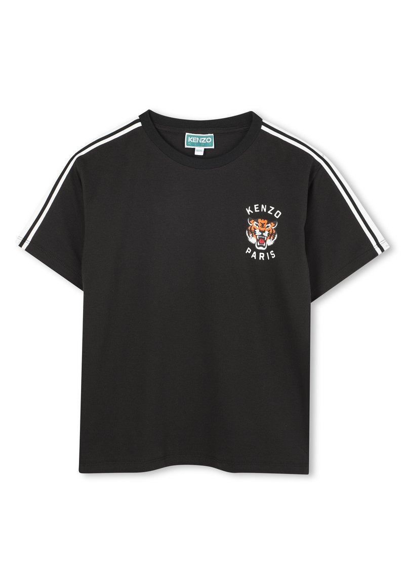 T-shirt in cotone nero con maniche corte, caratterizzato da strisce bianche, colletto rotondo e una grafica di tigre con la scritta "KENZO PARIS".
