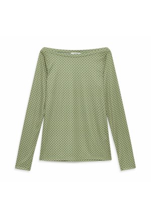 Maglia a maniche lunghe in tessuto verde con motivo geometrico, scollo ampio e orlo leggermente curvato. Texture morbida, design casual.