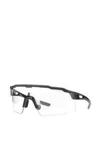 Klare Schutzbrille mit schwarzem Rahmen und verstellbarer Nasenauflage, entwickelt zum Augenschutz in Industrie- oder Sportumgebungen.