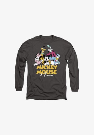 Langärmliges, dunkelgraues Shirt mit bunten Grafiken von Mickey Mouse und seinen Freunden sowie dem Text "Mickey Mouse & Friends" in fettem Gelb.