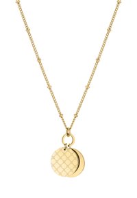 Gouden ketting met een delicate schakel en twee ronde hangers. Eén hanger heeft een gegroefd oppervlak; de andere is glad en gepolijst.