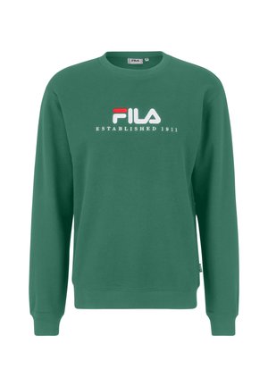 Vihreä Fila-huppari, jossa on pyöreä pääntie, pitkät hihat ja ribattu täsmäys. Edessä on valkoinen ja punainen logo-teksti "FILA ESTABLISHED 1911".