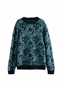 Navyblauer Strickpullover mit einem strukturierten Paisleymuster in verschiedenen Grüntönen, ausgestattet mit einem gerippten Rundhalsausschnitt und Bündchen.