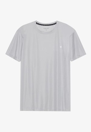 T-shirt cinza claro de manga curta feito de tecido texturizado. Apresenta um decote redondo e um pequeno logótipo no peito.