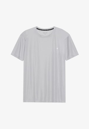 Jasnoszara koszulka z krótkim rękawem, wykonana z teksturowanej tkaniny. Posiada okrągły dekolt i małe logo na piersi.