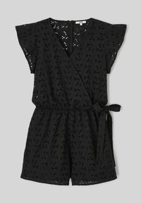 Pantalon sans manches noir avec un design croisé, présentant des motifs oeillets, une ceinture à nouer à la taille et une fermeture éclair au dos.