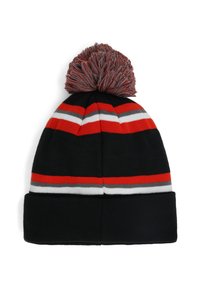 Gebreide beanie muts in zwart met rode, grijze en witte horizontale strepen. Heeft een grote pompon bovenop en een opgerolde manchette.
