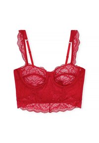 Rode kant bralette met golvende randen, onderdraadsteun, verstelbare schouderbandjes en bloemenpatronen. Zachte, doorschijnende textuur met een cropped ontwerp.