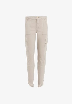 Beige cargobroek met twee zijzakken, versleten zoom aan de manchetten, gemaakt van katoenen stof, voorzien van een knoopsluiting.