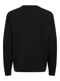 Black sweater with long sleeves, crew neck, soft texture, and ribbed cuffs and hem. No visible patterns or logos. Plain back design.