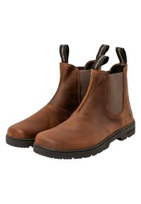Botas de tobillo de cuero marrón con paneles laterales elásticos y tiradores. Cuenta con una suela de goma negra y detalles de costura. Textura suave.