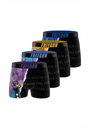 Quatre paires de boxers noirs avec des personnages colorés de Dragon Ball Super et la marque "FREEGUN" sur les ceintures élastiques.