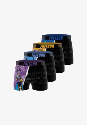 Quatre paires de boxers noirs avec des personnages colorés de Dragon Ball Super et la marque "FREEGUN" sur les ceintures élastiques.