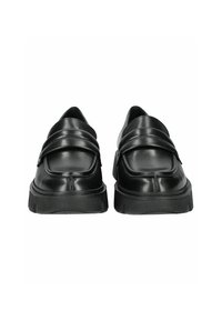 Scarpe in pelle nera con punta arrotondata, dotate di più cinturini superiori e una suola in gomma spessa per una maggiore aderenza. Texture liscia, design minimalista.
