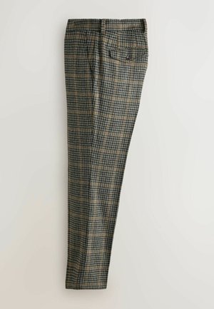 Checkered trousers in dark green, brown, and beige. Tailored fit with a straight leg, back pocket, and textured fabric.