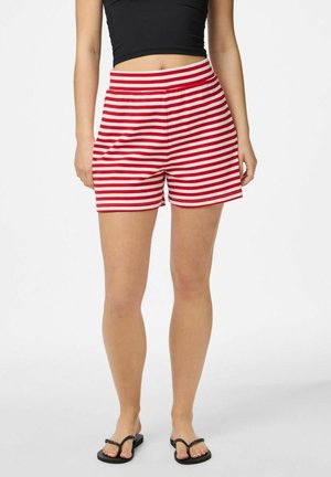 Røde og hvide stribede shorts med elastisk talje, lavet af blødt stof, med en afslappet pasform og længde til midten af låret.