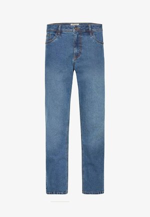 Pantalones vaqueros de denim azul con corte recto, que presentan cinco bolsillos, cierre de botón y costuras en contraste. Textura suave con un lavado medio.