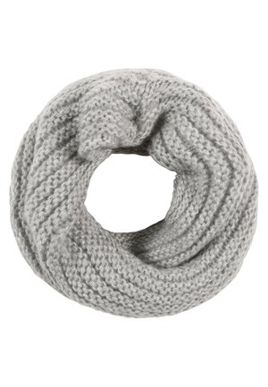 Sciarpa infinita grigia chiaro lavorata a maglia con filato spesso e strutturato, design circolare e accogliente.