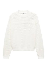 White knitted sweatshirt with a textured, perforated pattern, round neckline, and ribbed cuffs and hem. Long sleeves and relaxed fit.