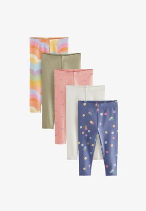 Five leggings in various colors and patterns: rainbow stripes, olive green, pink with rainbows, white, and navy blue with polka dots.