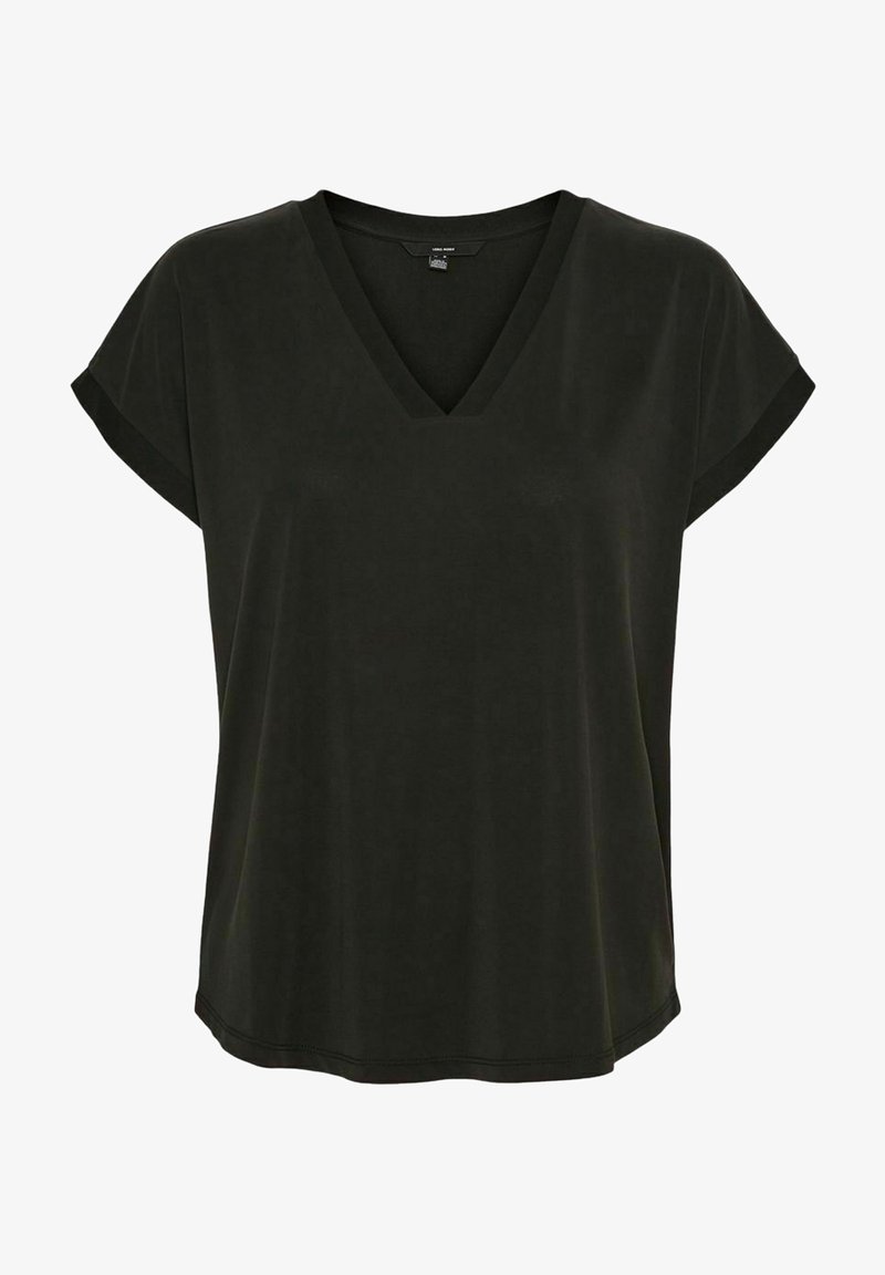 Schwarzes V-Ausschnitt-T-Shirt mit kurzen Ärmeln, aus einem glatten Stoff; weist eine lockere Passform und einen abgerundeten Saum auf. Ohne Muster oder Verzierungen.