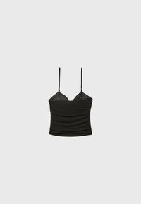 Camisola nera aderente con spalline regolabili, caratterizzata da una texture arricciata e da un tessuto morbido, progettata per una silhouette aderente.