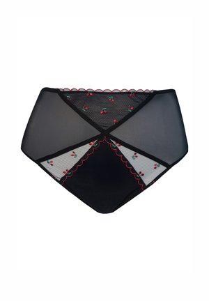 Schwarze, hoch taillierte Slips mit transparenten Netzeinsätzen und bestickten roten Kirschmustern, verziert mit roter, gewellter Naht.