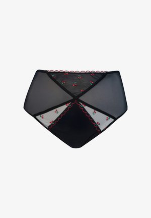 Schwarze, hoch taillierte Slips mit transparenten Netzeinsätzen und bestickten roten Kirschmustern, verziert mit roter, gewellter Naht.