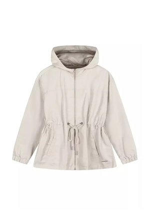 Jasno beżowa kurtka z kapturem, zapinana na przedni zamek, z paskiem do regulacji w talii, elastycznymi mankietami i dwoma przednimi kieszeniami.