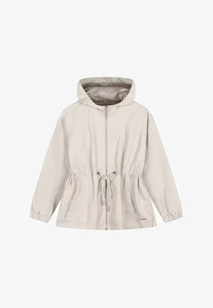 Jasno beżowa kurtka z kapturem, zapinana na przedni zamek, z paskiem do regulacji w talii, elastycznymi mankietami i dwoma przednimi kieszeniami.
