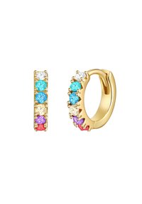 Zlate uhane v obliki obroča, ki vsebujejo več okroglih dragih kamnov v modri, roza, vijolični in rumeni barvi, z gladko površino in varnim zapiralnim mehanizmom.