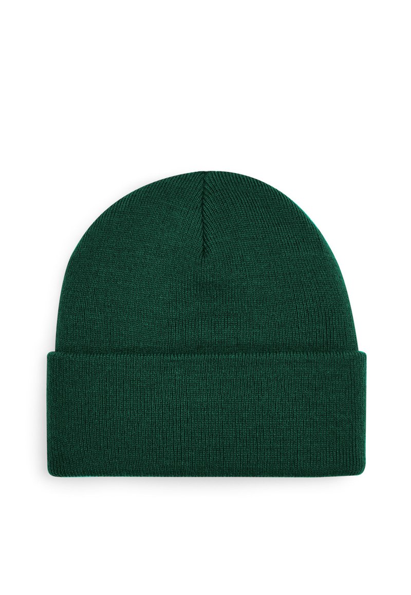 Knitted green beanie with a folded cuff, smooth texture, and slightly rounded top. No visible patterns or hardware details.