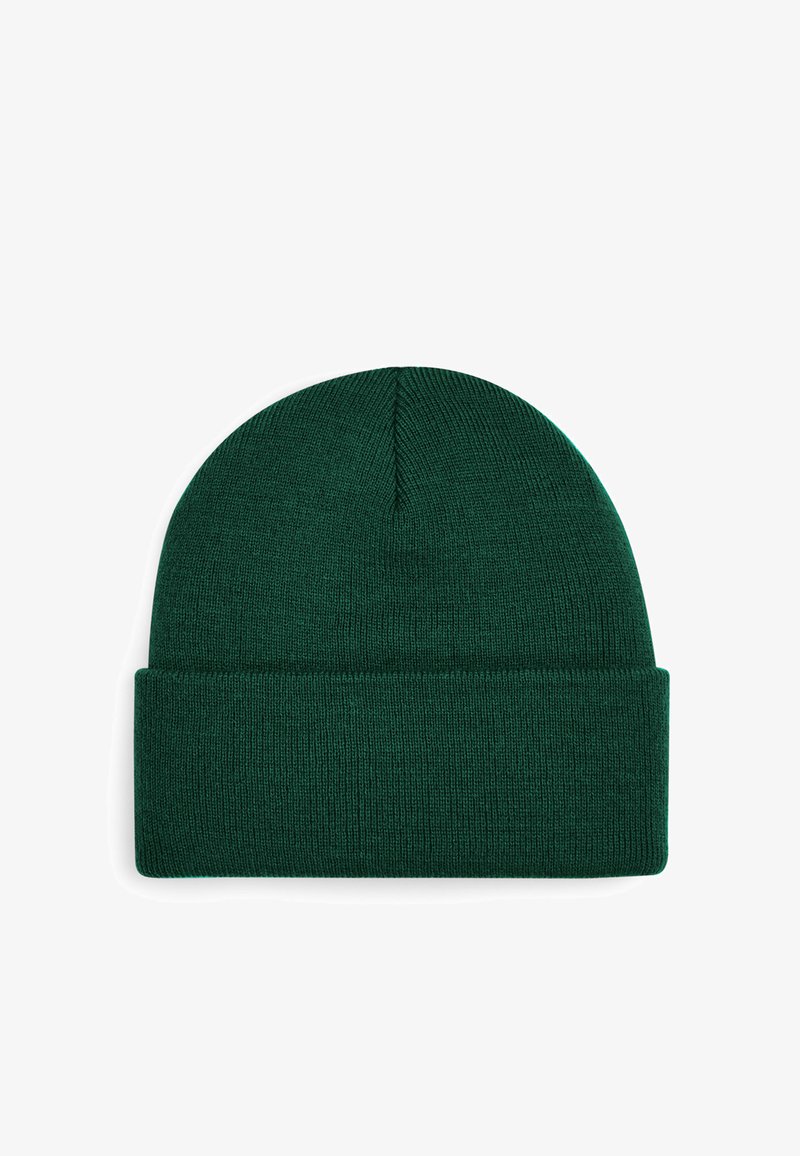Knitted green beanie with a folded cuff, smooth texture, and slightly rounded top. No visible patterns or hardware details.