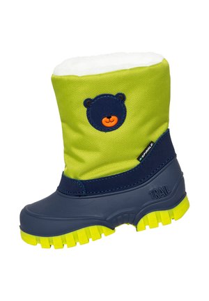 Green fabric boot with a fluffy white lining, navy rubber sole, and bear face design. Features textured upper and bright yellow outsole.