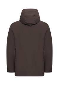 Braune wasserdichte Jacke mit Kapuze, langen Ärmeln und geradem Schnitt; beinhaltet verstellbare Bündchen und ein minimalistisches Design.