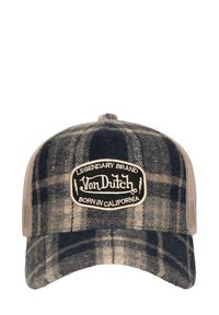 Casquette à carreaux bleu foncé et beige avec un écusson noir et beige portant l'inscription "Von Dutch Legendary Brand Born in California."