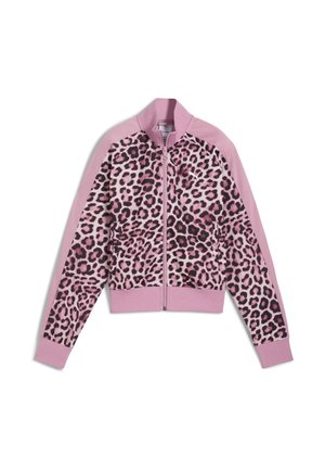 Veste zippée rose à imprimé léopard avec un col montant, des manches longues, des poignets et un ourlet côtelés. Fabriquée en tissu doux avec une texture lisse.