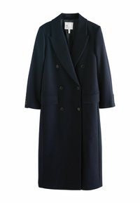 Marineblauer, doppelt gearbeiteter Mantel aus einem strukturierten Wollmix mit scharfem Revers, zwei Vorderaschen und geknöpften Manschetten.