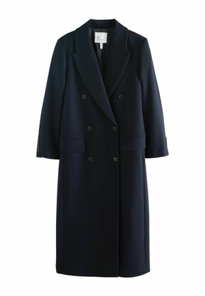 Marineblauer, doppelt gearbeiteter Mantel aus einem strukturierten Wollmix mit scharfem Revers, zwei Vorderaschen und geknöpften Manschetten.